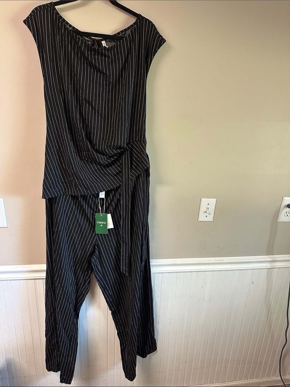 Halara Easy Peezy Black White Pinstripe Tie Side Jumpsuit XL NWT